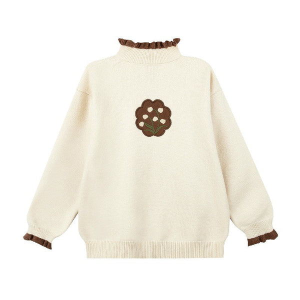 Girls Flower Embroidered Ruffled Collar Lettuce Edge Warm Sweater