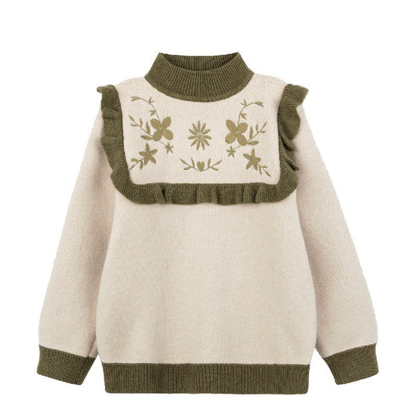 Little Girls Floral Embroidered Squared Ruffle Thick Fleece Sweater