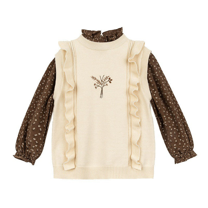 Little Girls Ruffle Collar Trim Blouse Sleeves High Neck Sweater