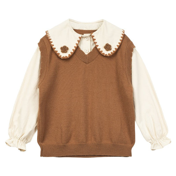 Little Girls Contrast Flower Peter Pan Collar Blouse Sleeves Sweater