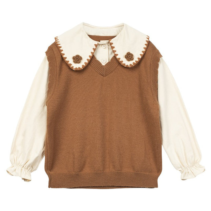 Little Girls Contrast Flower Peter Pan Collar Blouse Sleeves Sweater