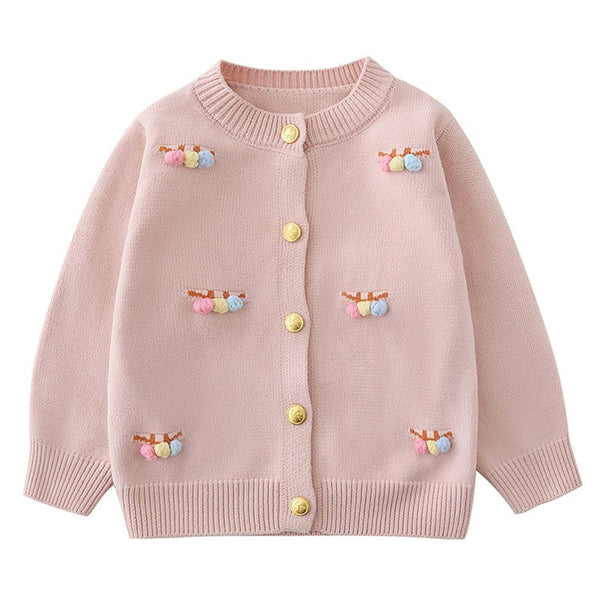 Little Girls Pink Tiny Fur Ball Button Front Knitted Cardigan Sweater