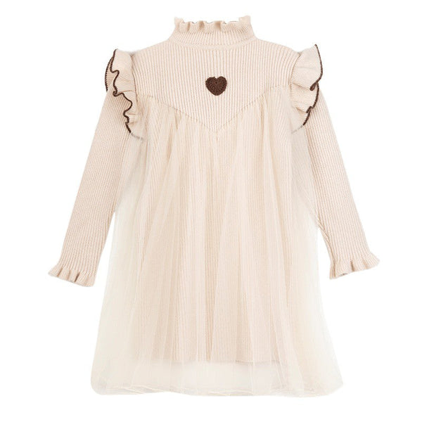 Girls Fall Winter Knit Long Sleeve Ruffle Trim Sweater Tulle Dress