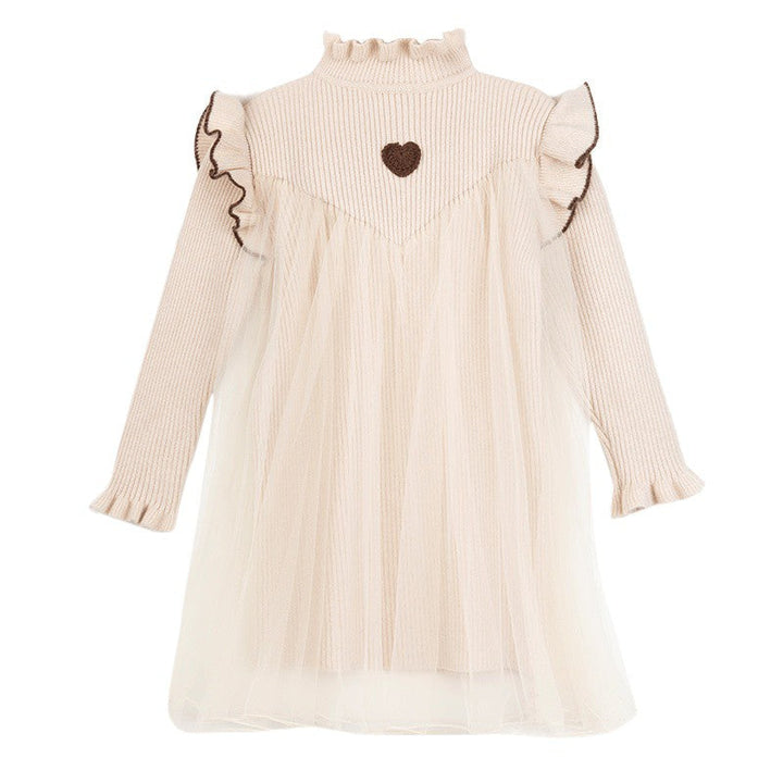 Girls Fall Winter Knit Long Sleeve Ruffle Trim Sweater Tulle Dress