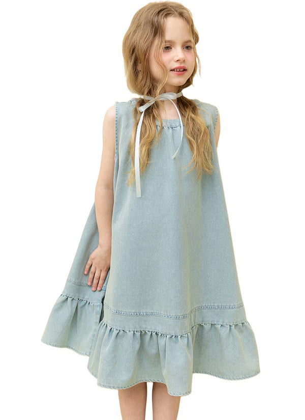 Little Girls Sleeveless Ruffle Hem Cotton Denim Smock Summer Dress