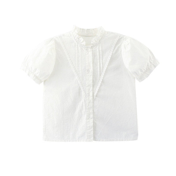Girls Ruffle Stand Collar Pleated Short Sleeve White Shirt Blouse