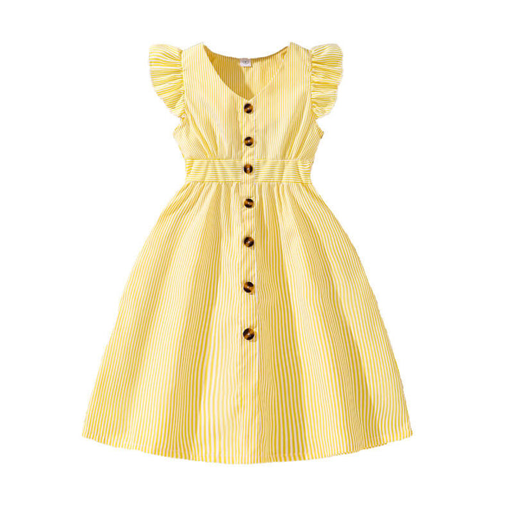 Little Girls Vertical Stripes Button Front Ruffle Sun Dress