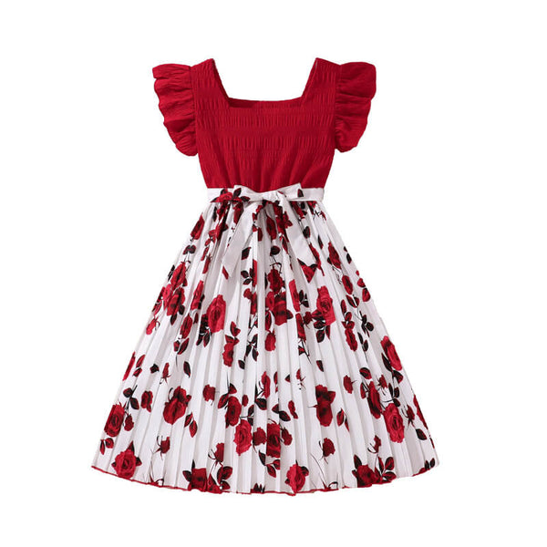 Little Girls Red Rose Ruffle Shoulder Pleated Birthday Party Dress