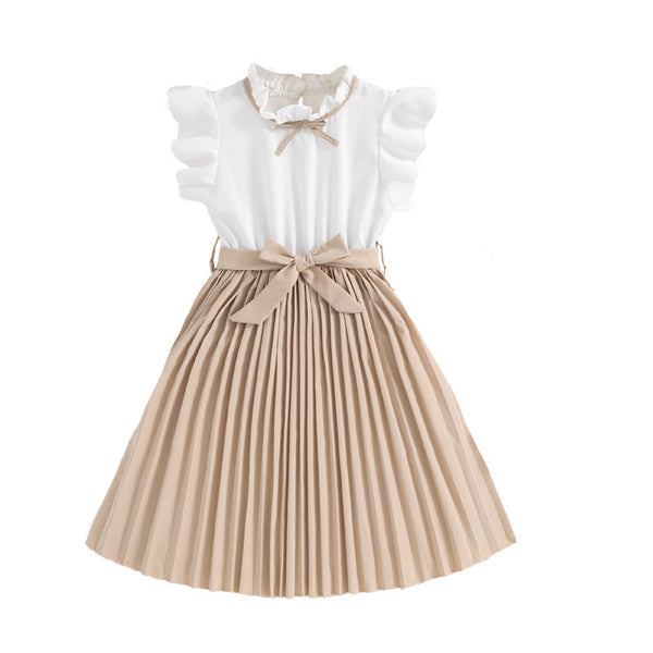 Little Girls Ruffle Shoulder Contrast Pleated Dress