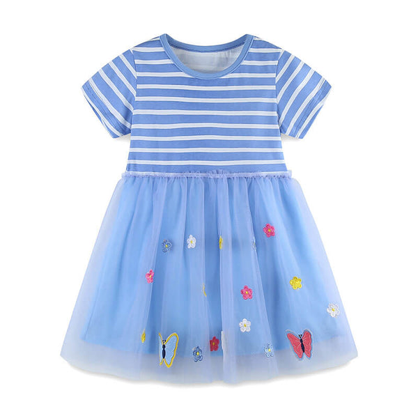 Little Girls Short Sleeve Stripe Embroidery Butterfly Tulle Dress