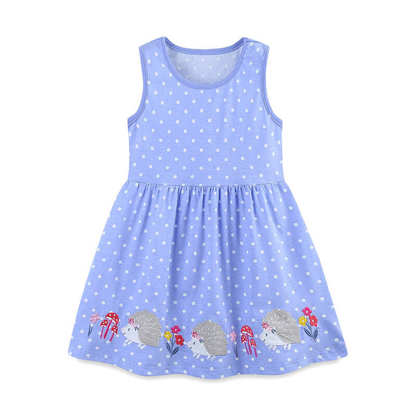 Little Girls Hedgehog Embroidery Pattern Polka Dot Cotton Tank Dress