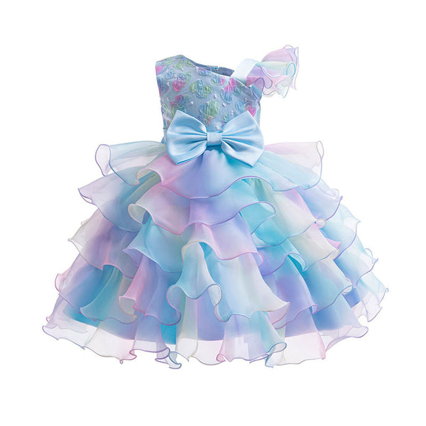 Little Girls Heart Patchwork Bow Waist Layered Tulle Prom Formal Dress