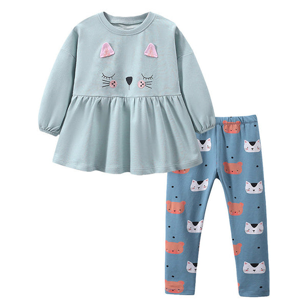 Little Girls Cute Cat Peplum Tee And Leggings 2 Pieces Outfits Set