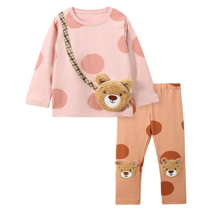 Toddler Girls Plush Bear Pants Set 2 Piece Long Sleeve Tee Leggings