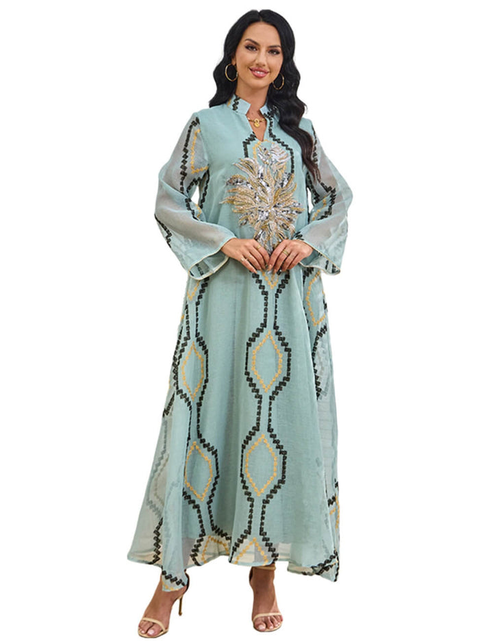 Islamic Sequined Embroidery Tunics Dubai Abaya Muslim Womens Dress