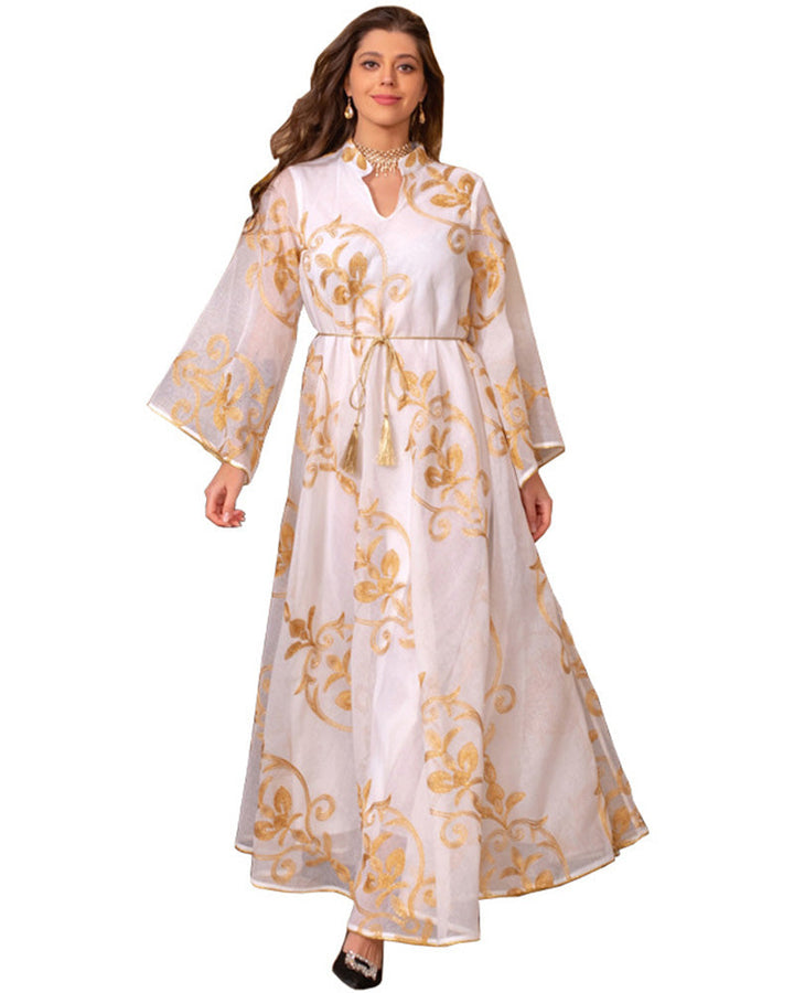 Floral Embroidery Dubai Islamic Tunic Abaya Muslim Womens Formal Dress