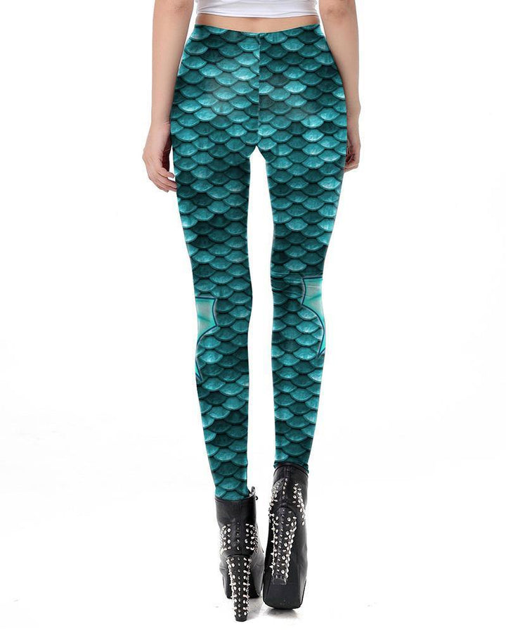Blue Fish Scale With Fins Print Mermaid Leggings - pinkfad