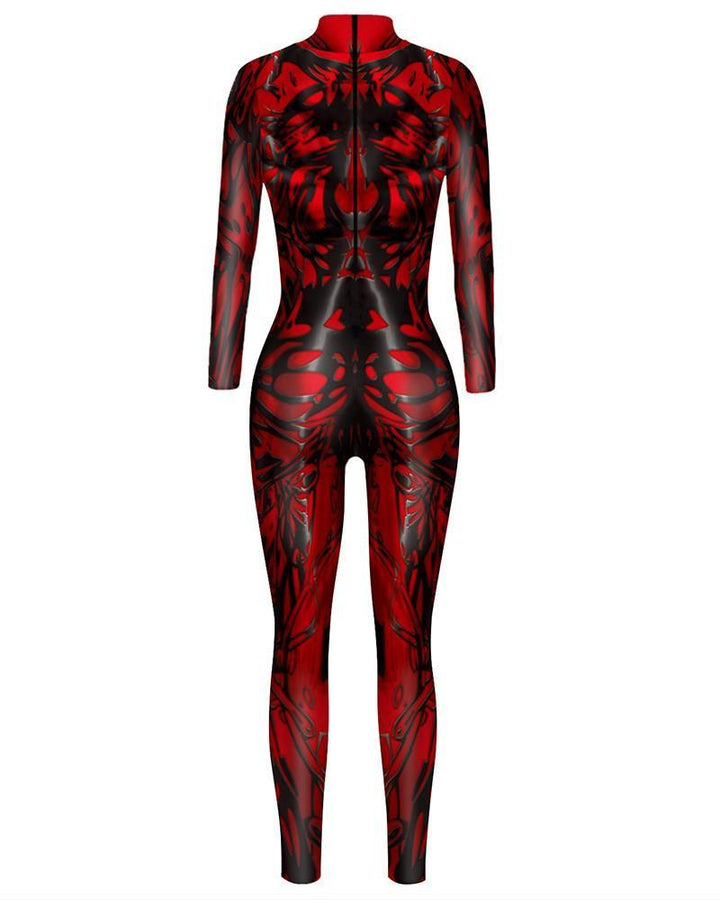 Womens Red Fire Flaming Cosplay Dance Unitard Halloween Costume - pinkfad