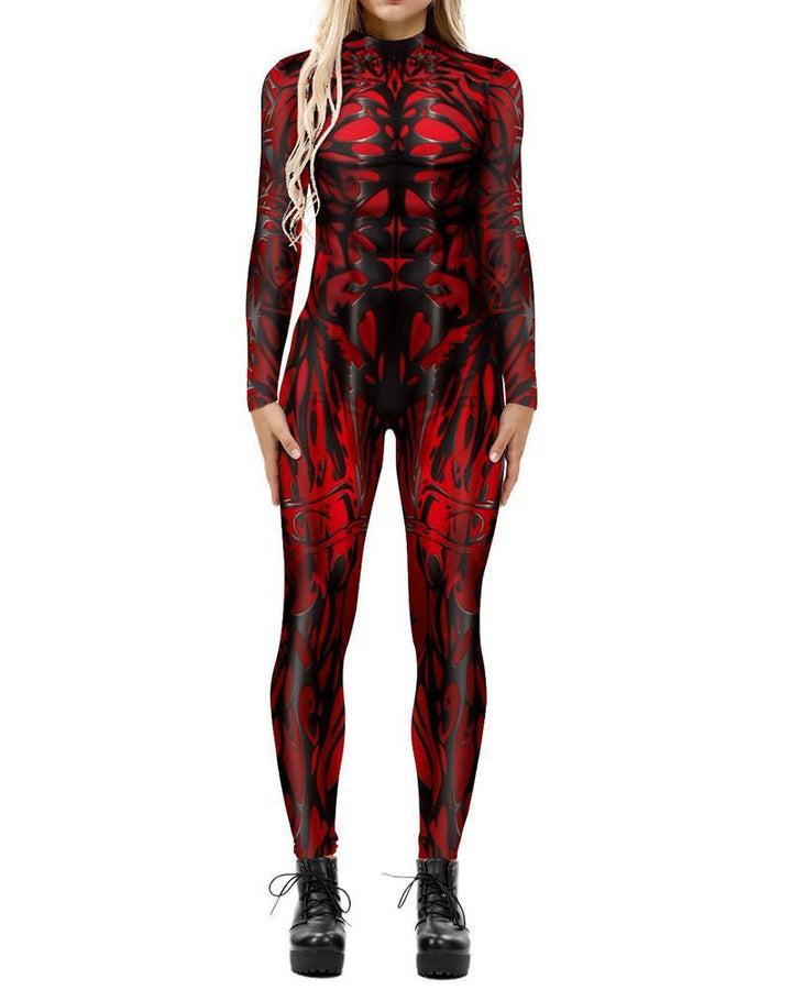 Womens Red Fire Flaming Cosplay Dance Unitard Halloween Costume - pinkfad