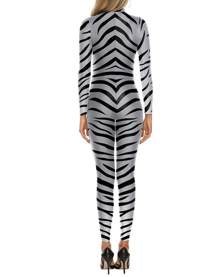 Zebra Print Unitard Stage Play Pub Dance Catsuit Halloween Costume - pinkfad