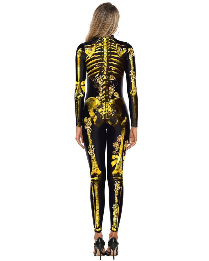 Gold Skeleton Catsuit Full Body Bodysuit Scary Halloween Costume - pinkfad