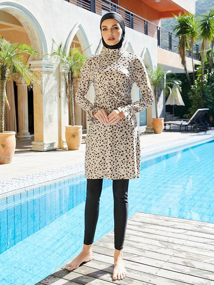 Beige Leopard Print Ruched Long Full Coverage Muslim Islamic Swimwear - pinkfad