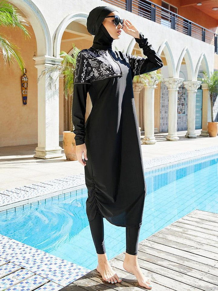Paisley Print Black Full Coverage Long Sleeve Muslim Burkini Swimwear - pinkfad